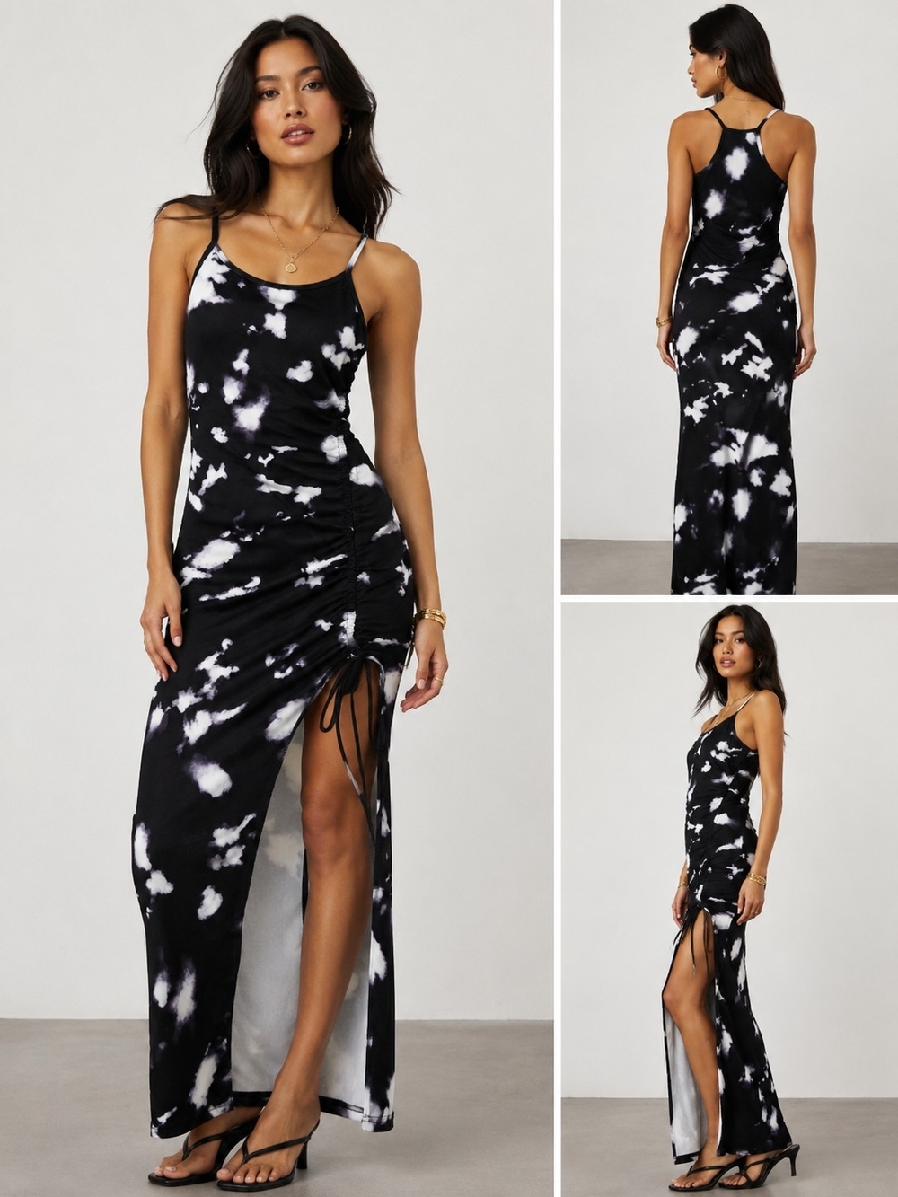SHEIN Black & White Tie-Dye Ruched Spaghetti-Strap Maxi Dress